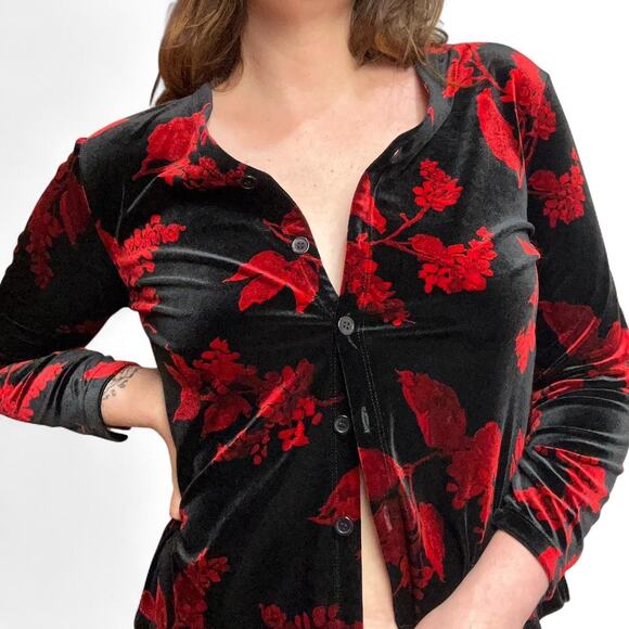 Vintage Carole Little Women’s Floral Velvet Button Up Top Size M Whimsigoth - Picture 1 of 9